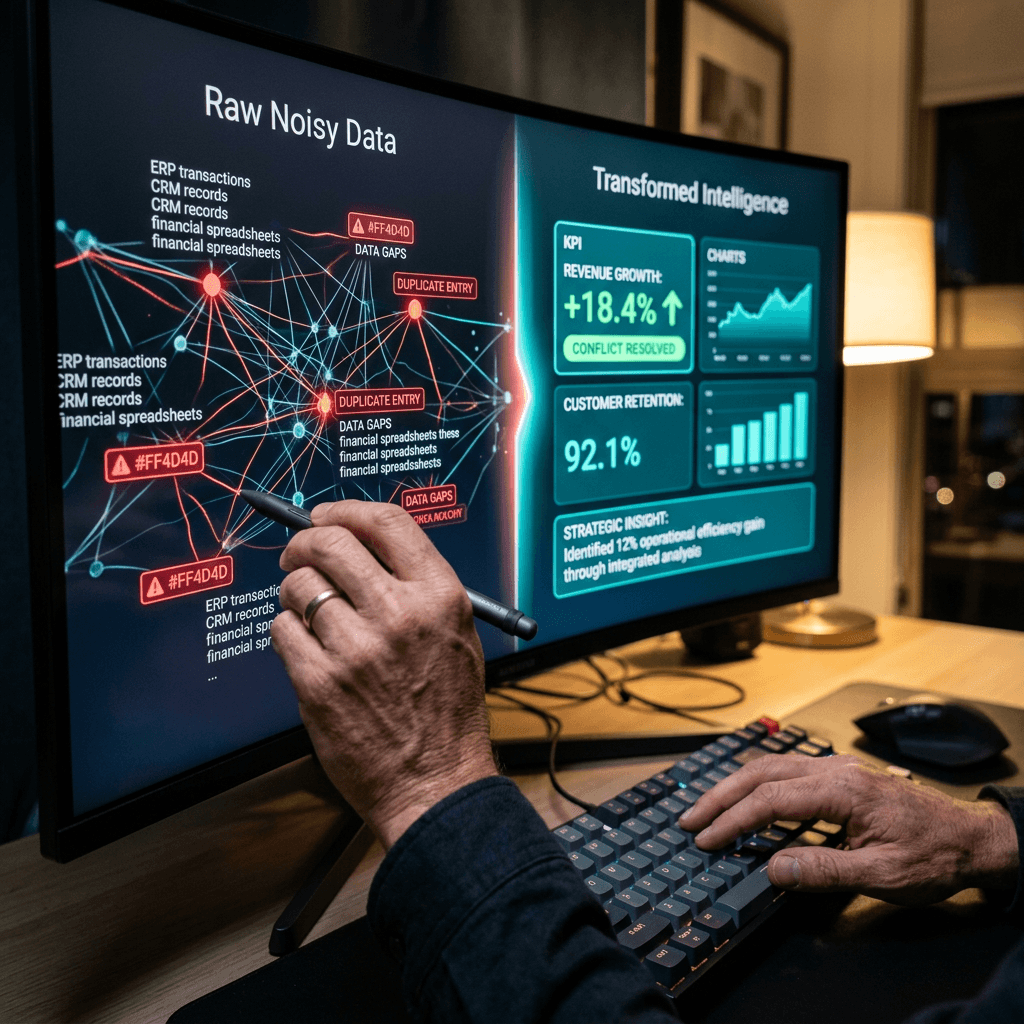 Engineer refining strategic intelligence — transforming raw data conflicts into clean executive narratives