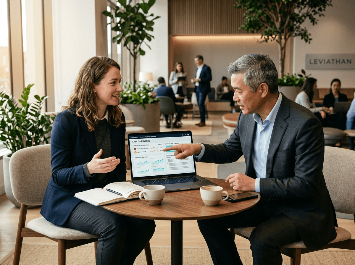Leviathan product demo — solutions engineer showing executive dashboard to enterprise customer