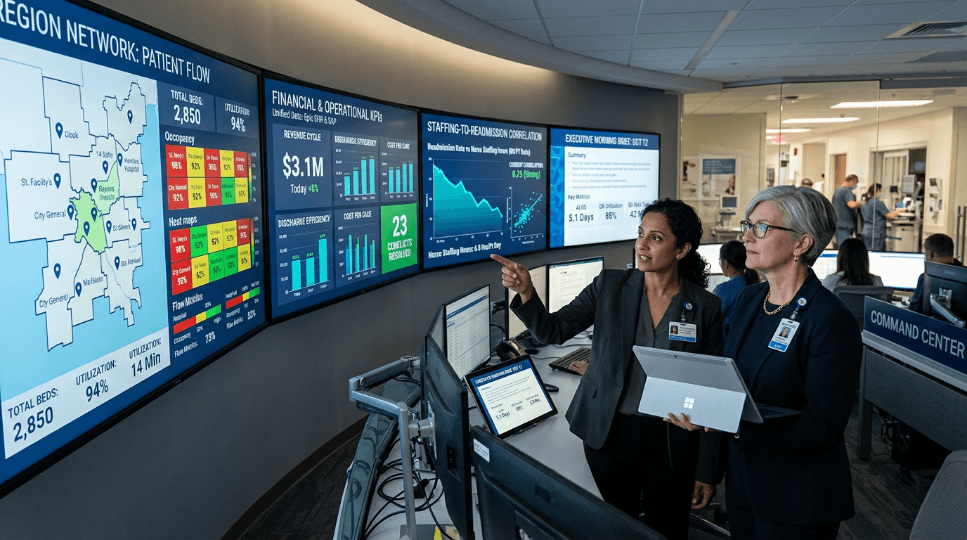 Hospital command center with unified clinical-financial intelligence across 14 facilities