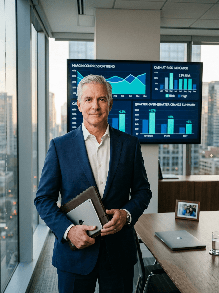 CFO with board-ready financial intelligence dashboard showing margin trends and cash-at-risk indicators