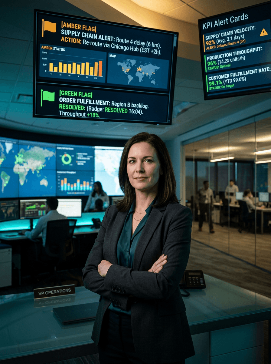 VP of Operations in operations center with urgency-ranked attention items and real-time KPI alerts