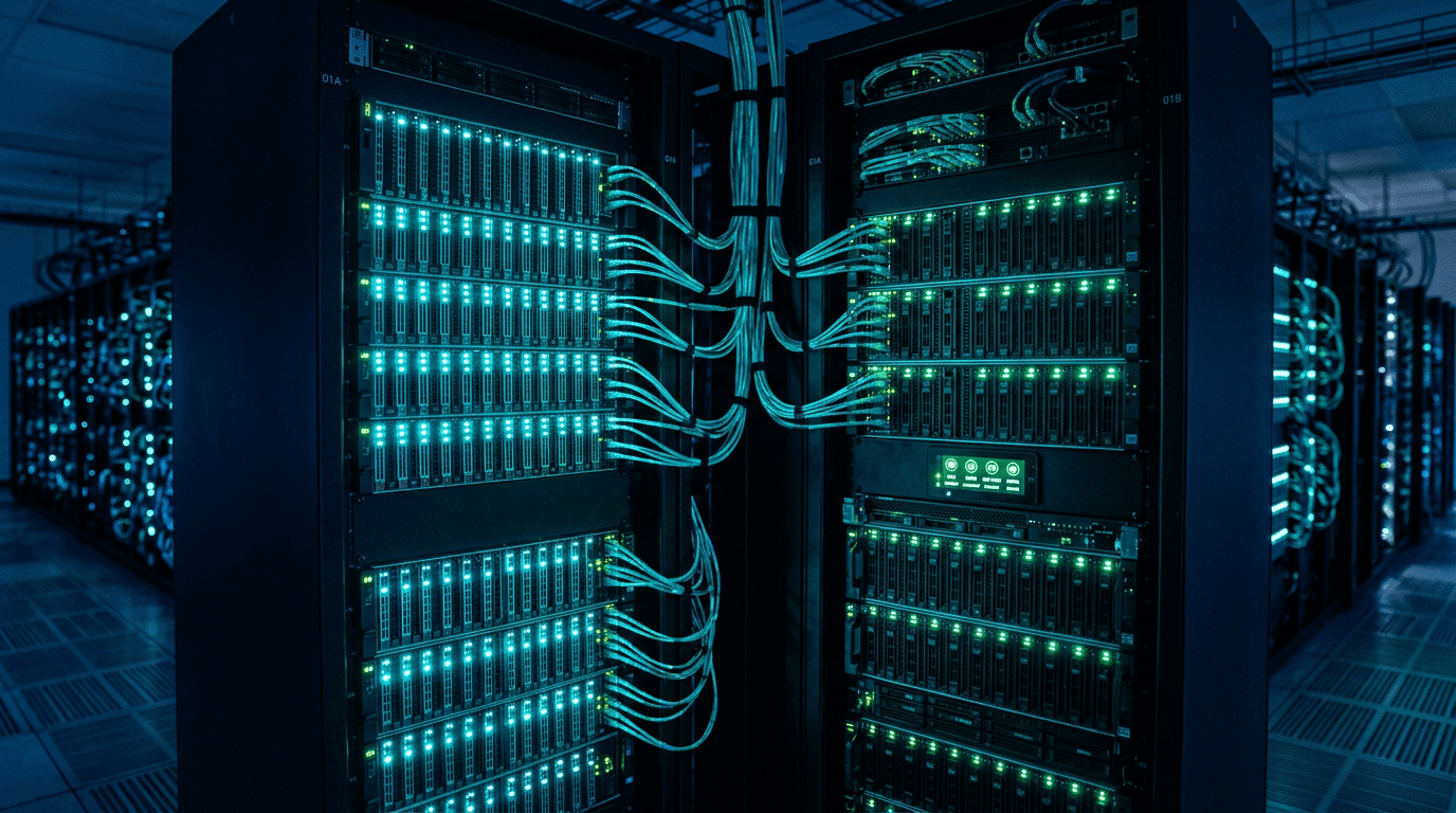 Enterprise-grade data center with tenant-isolated server racks and turquoise status indicators
